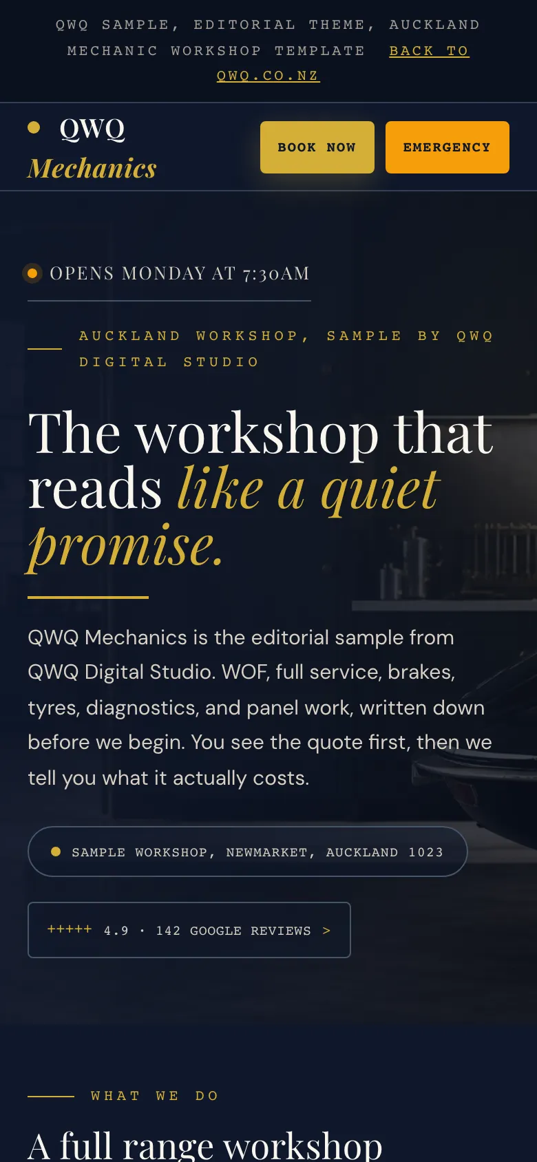 Editorial style sample website, mobile view